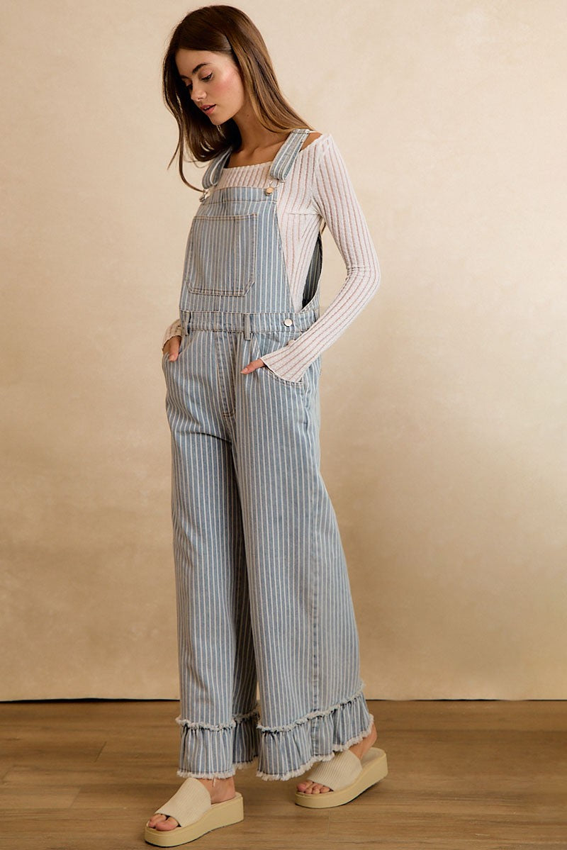 Full Length Washed Striped Denim Overalls