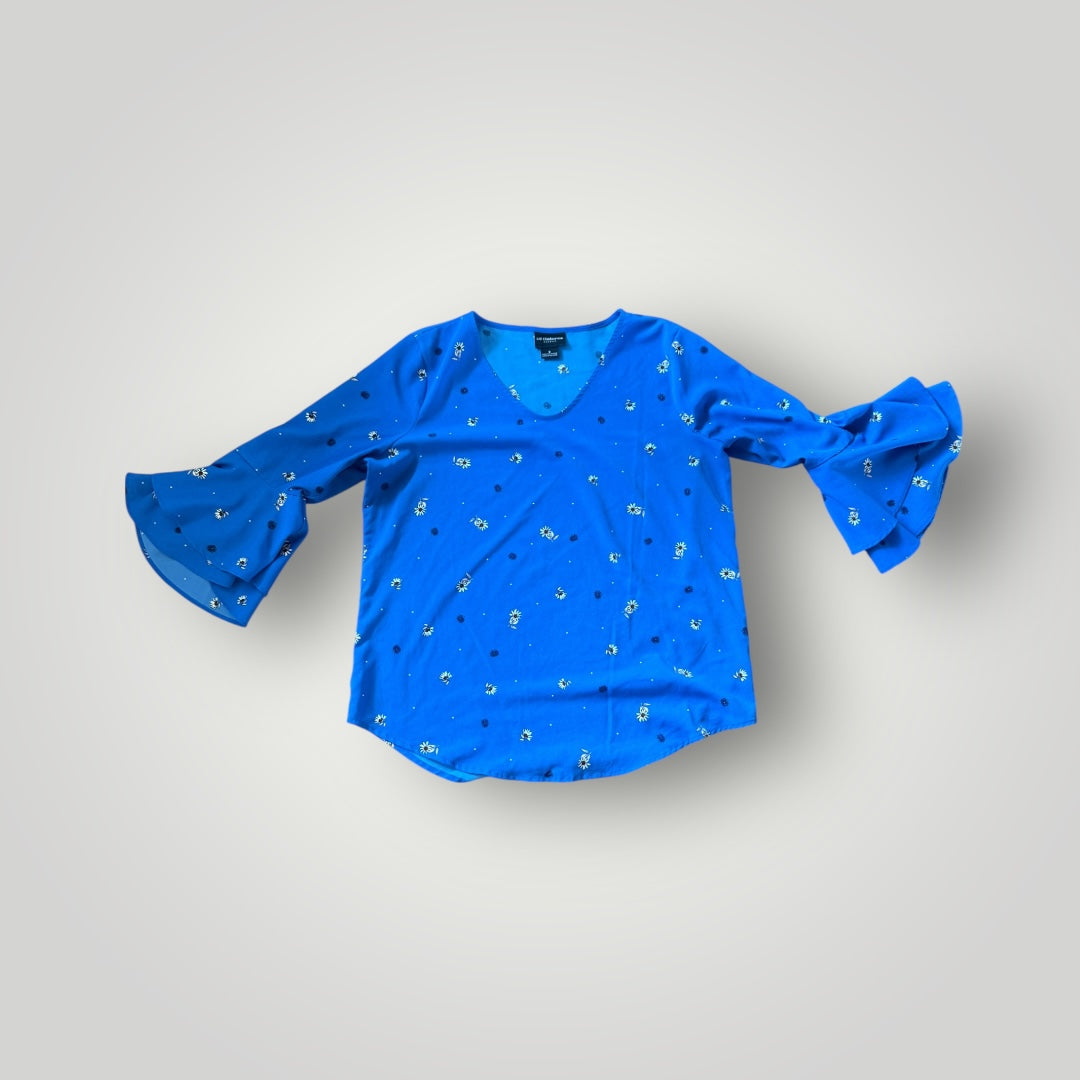 Liz Claiborne Blue Floral Bell Sleeve Blouse Size Small