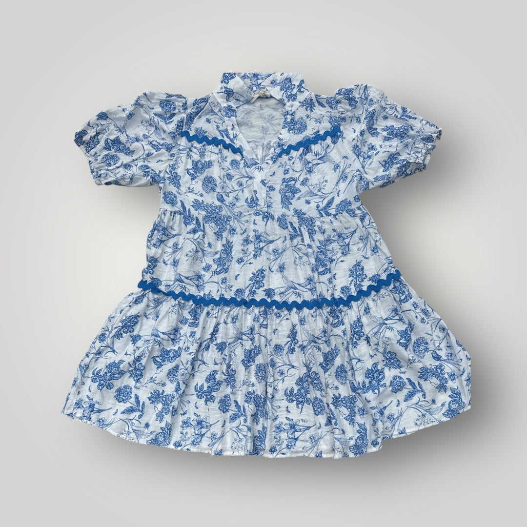 Umgee Blue & White Floral Puff Sleeve Dress Size Medium