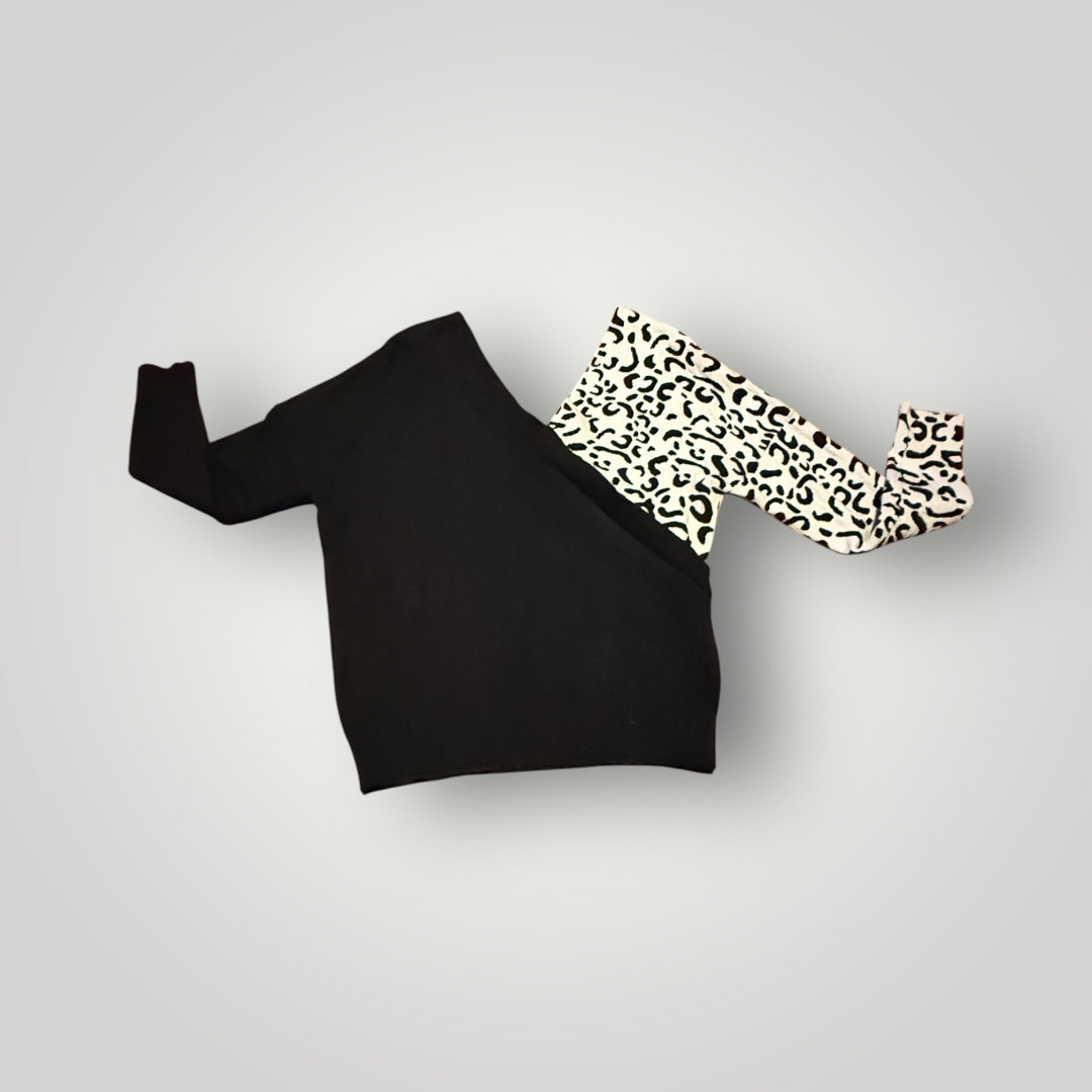 Black Sweater with Animal Print Sleeve Size Medium
