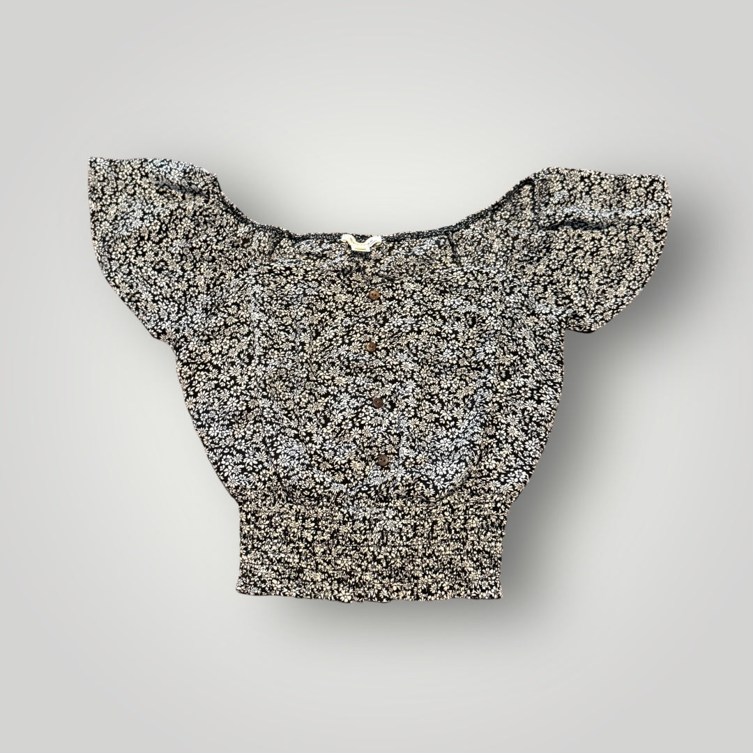 Black Floral Smocked Ruffle Sleeve Top Size Large