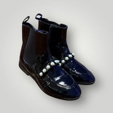 Zara Girls Size 13 Black Patent Leather Ankle Boots with Pearl Strap Detail