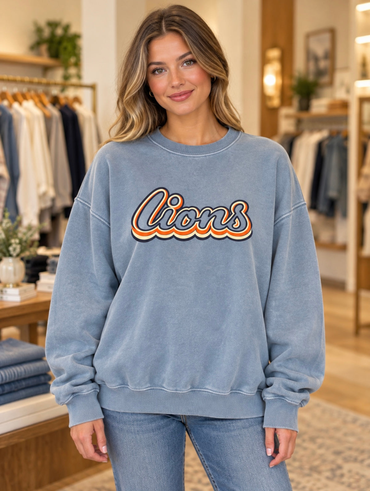 Vintage Blue Retro Lions Oversized Sweatshirt
