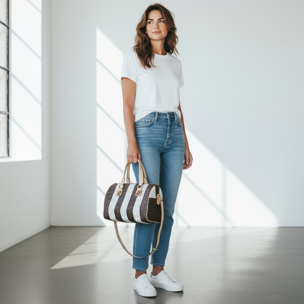 Michael Kors Striped Bedford Barrel Satchel