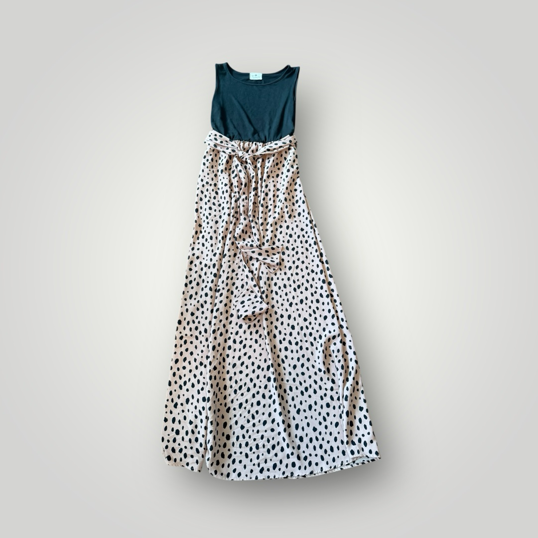 Spotted Sleeveless Maxi Dress with Tie Waist Size Small