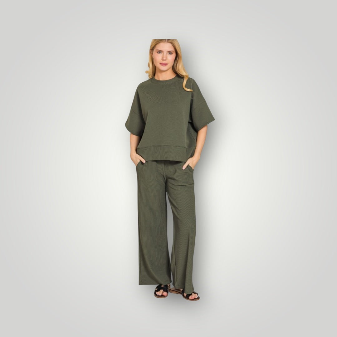Olive Zenana Pants Set Outfit, Large