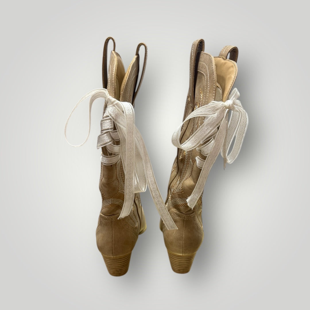 Neutral Western-Inspired Mid-Calf Boots, 8.5