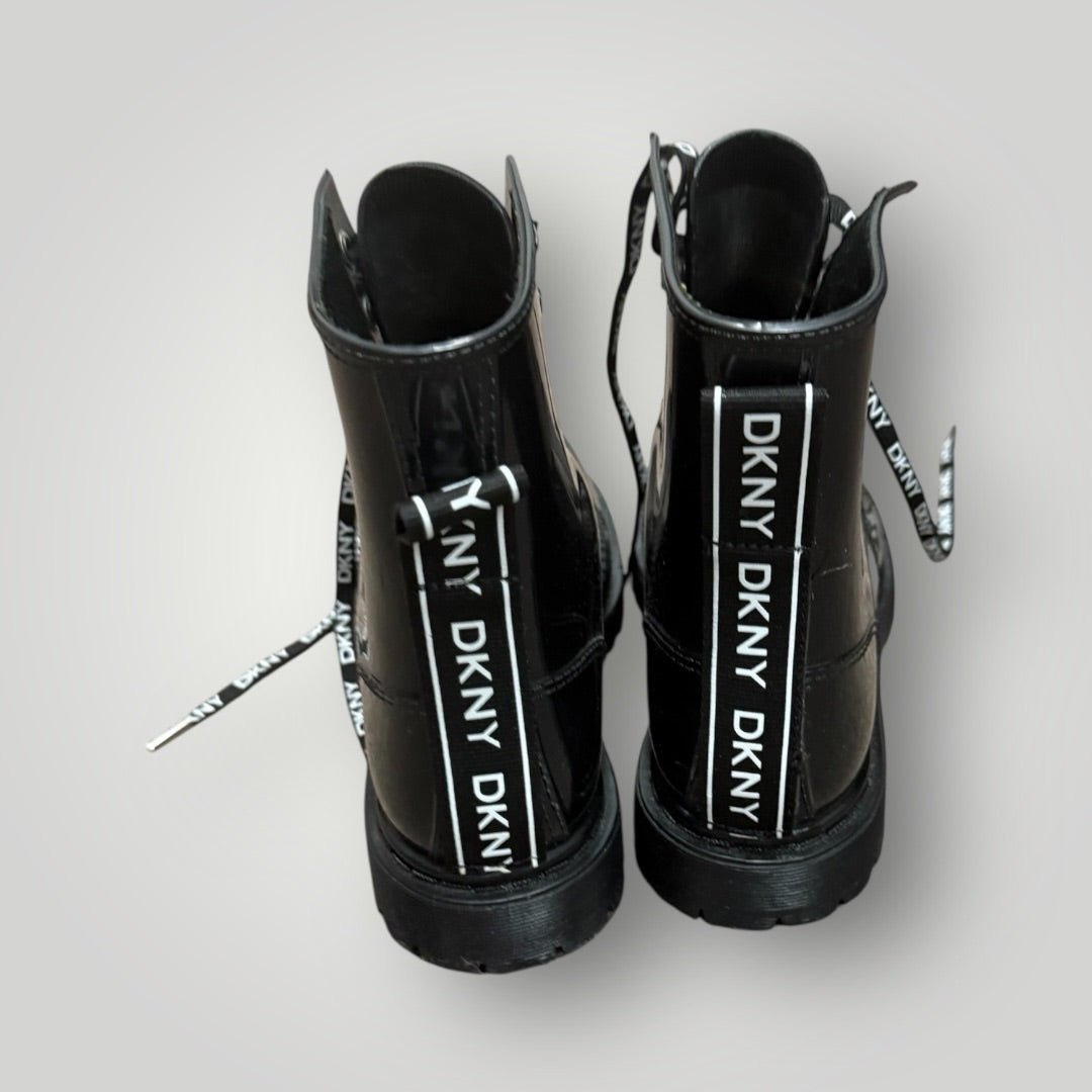 Black/White DKNY Logo Lace-Up Combat Boots, 7