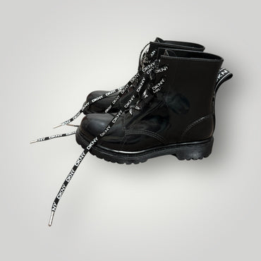 Black/White DKNY Logo Lace-Up Combat Boots, 7