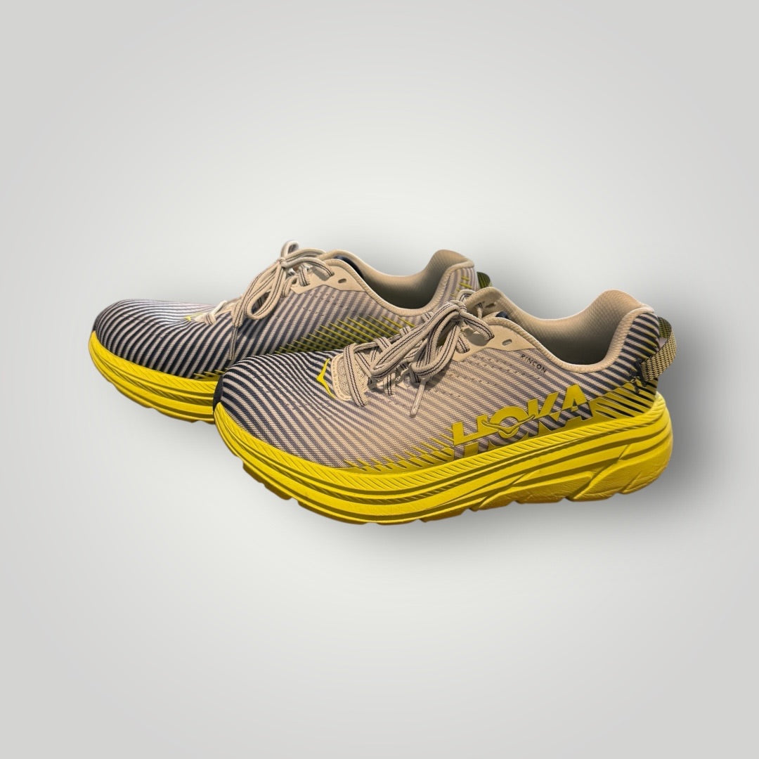 Gray / White Stripe with Neon Yellow HOKA Running Shoes, 6.5