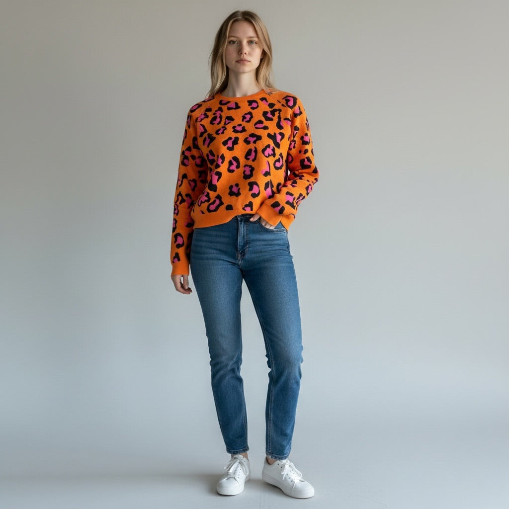 Orange with black and pink leopard print Bibi Print Knit Sweater, Medium