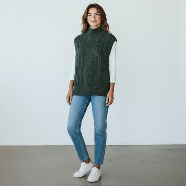 Dark green (forest green) Vero Moda Cable Knit Sleeveless Turtleneck Sweater Vest, Small