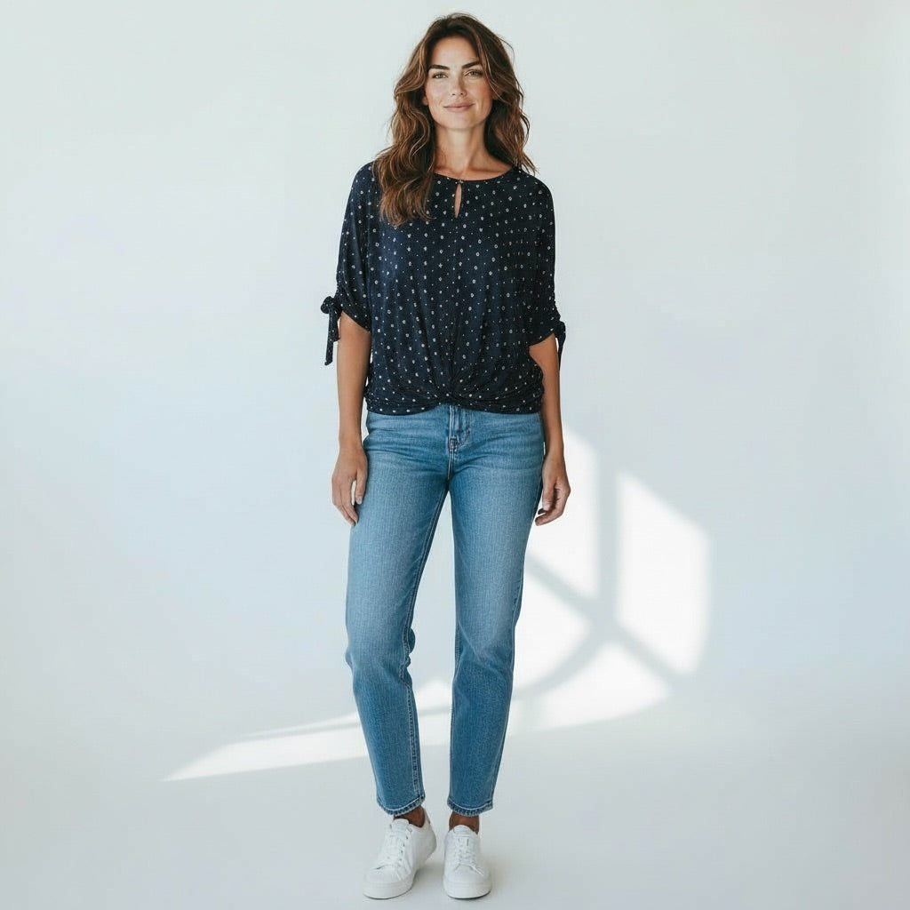Navy and White polka dots Day trip Polka Dot Knit Sweater, Medium