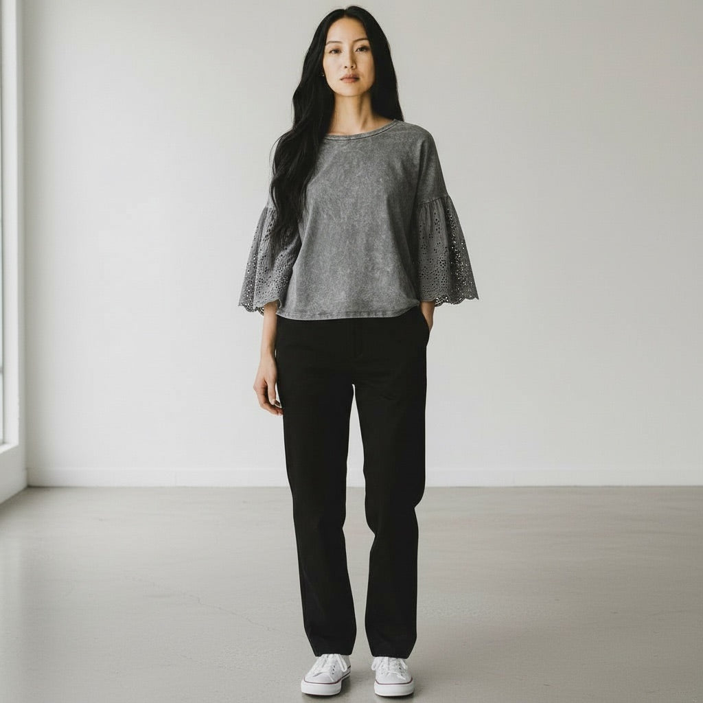 Washed Charcoal / Gray Dimmicks Eyelet Bell Sleeve Top, Large
