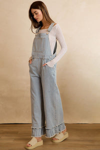 Full Length Washed Striped Denim Overalls