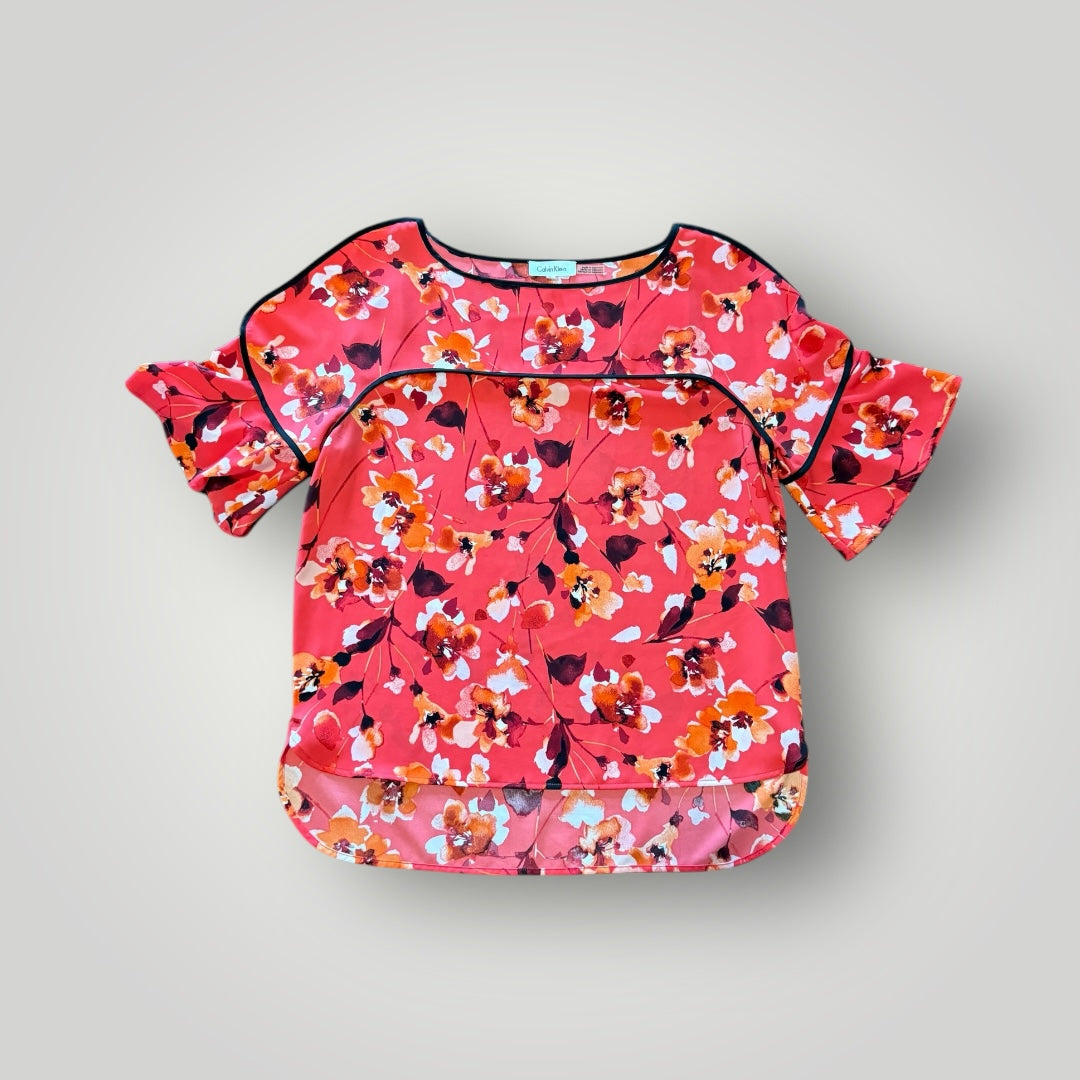 Calvin Klein Red Floral Flutter Sleeve Blouse Size Medium