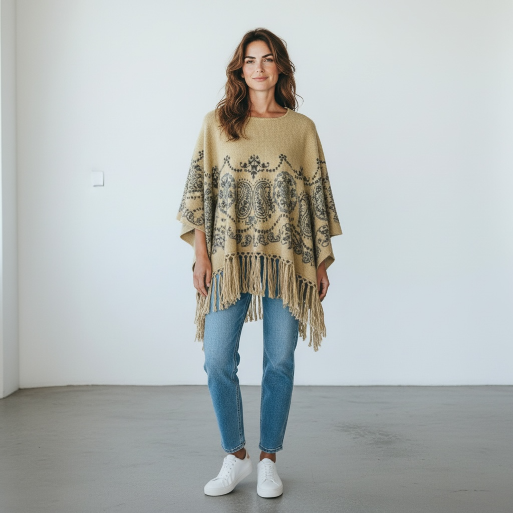 Patterned Fringe Poncho One Size