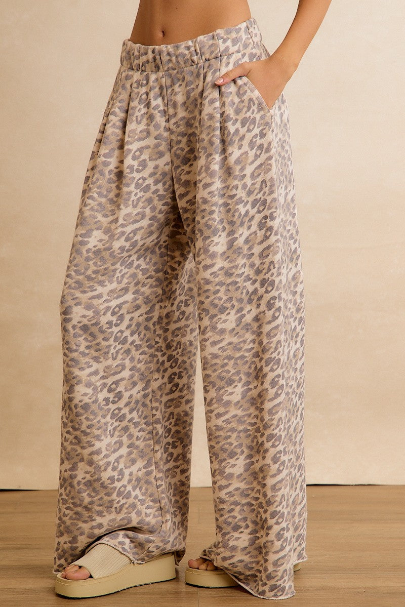 Leopard Print Full Length Wide Leg Pull On Pants
