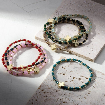 Assorted 4mm Crystal Stretch Bracelets with Single Cross