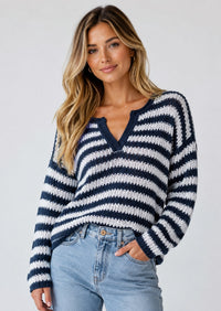 Blu Pepper Stripe Raw Edge Split neck Sheer Knit Sweater