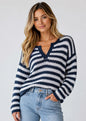 Blu Pepper Stripe Raw Edge Split neck Sheer Knit Sweater