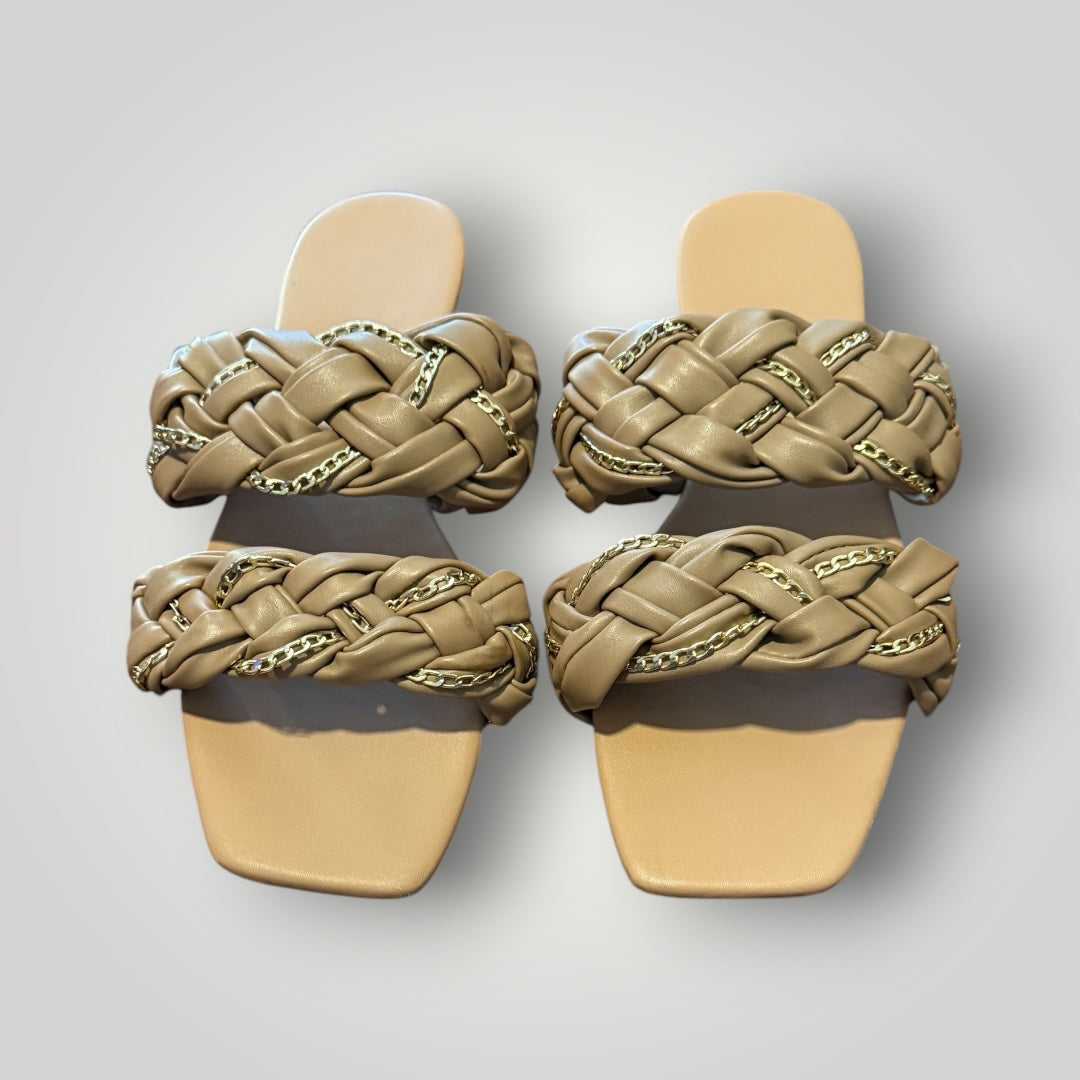 Braided Chain Detail Slide Sandals Tan (Size 42)