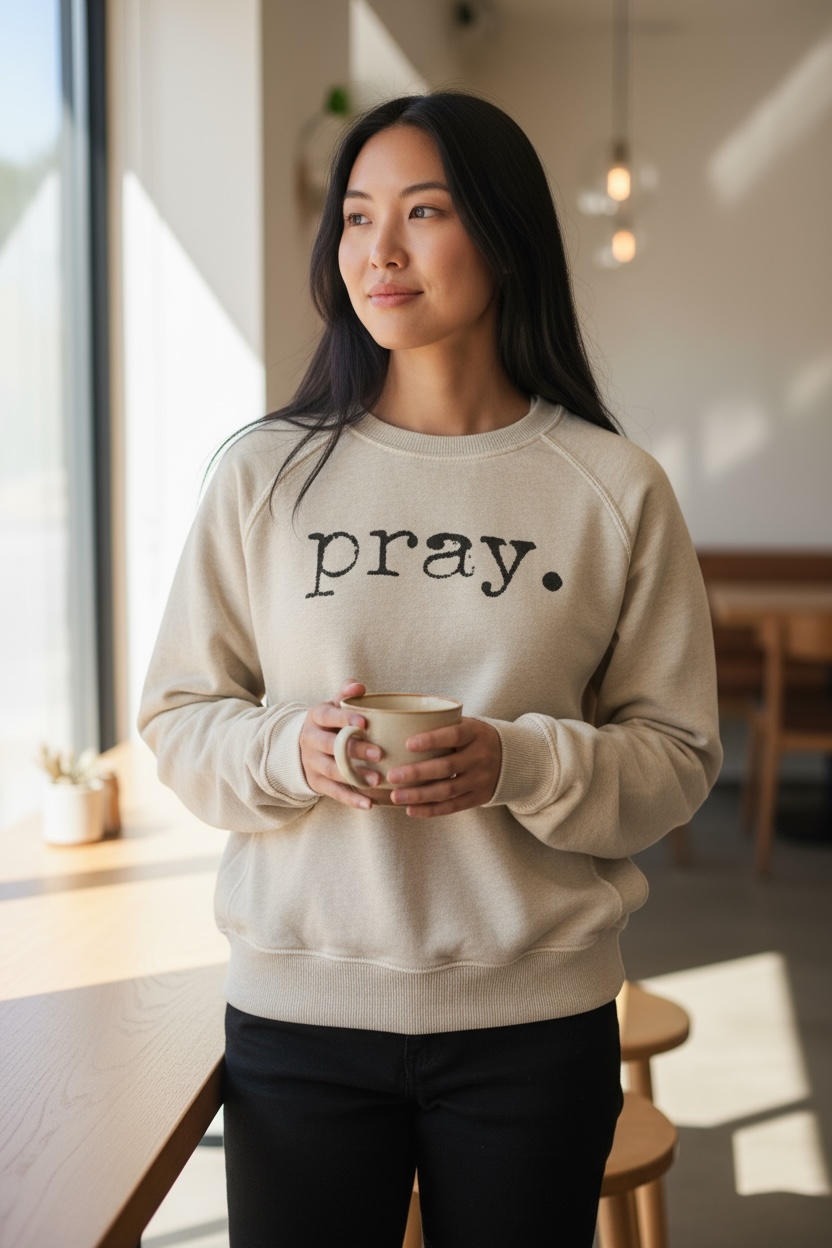 pray. Faith Sweatshirt Neutral Oatmeal Christian Pullover