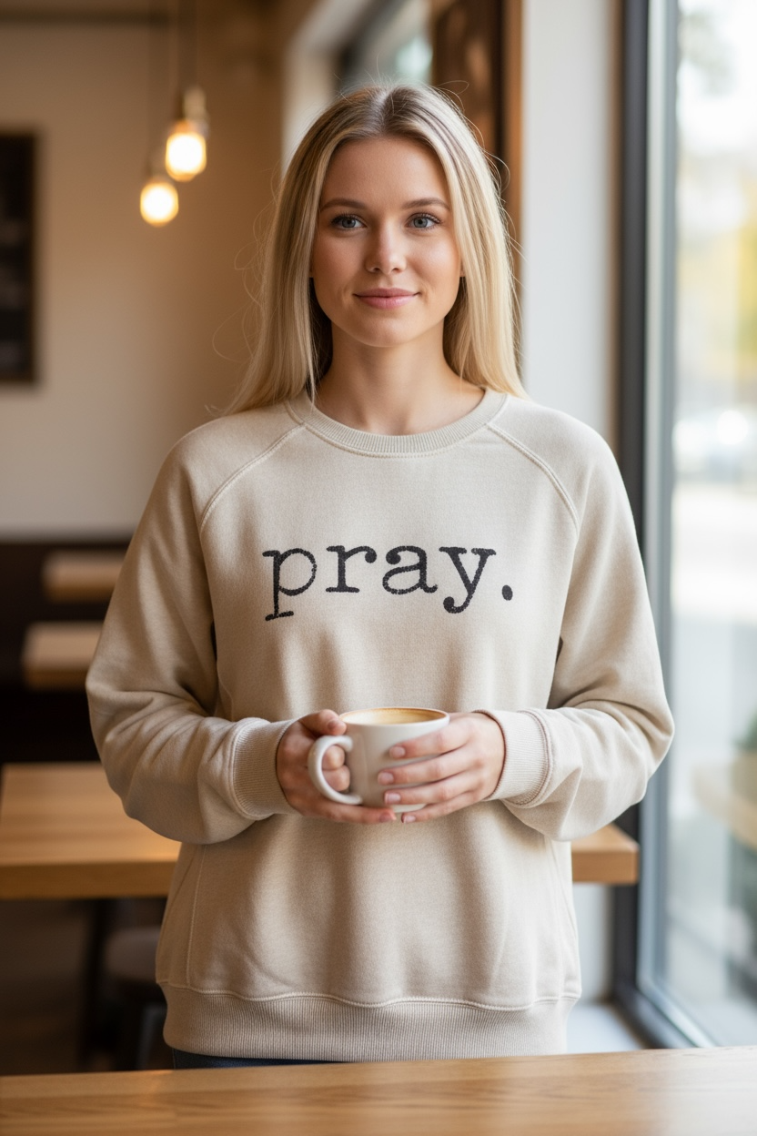pray. Faith Sweatshirt Neutral Oatmeal Christian Pullover