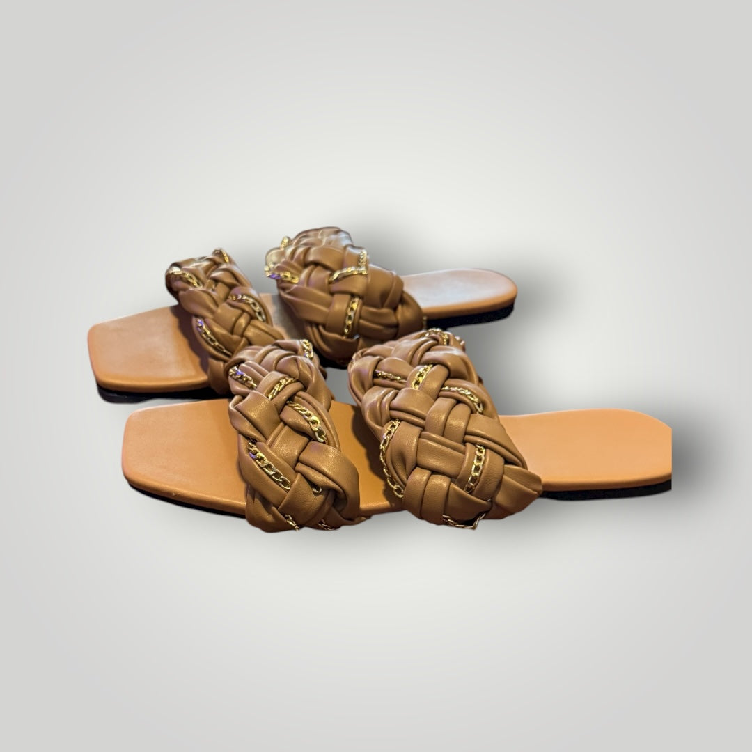 Braided Chain Detail Slide Sandals Tan (Size 42)