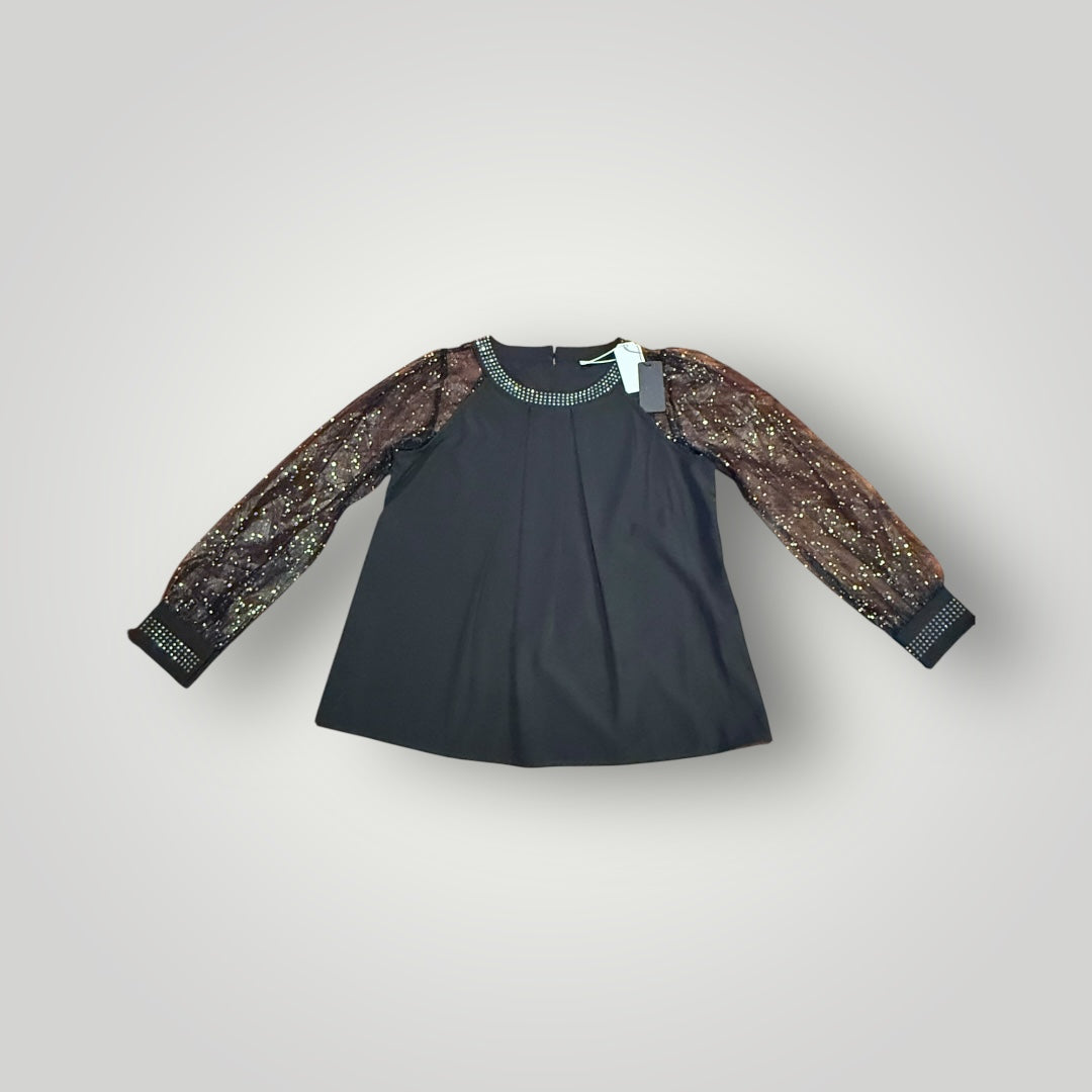 Black Top with Sparkle Mesh Sleeves (NWT) Size Medium