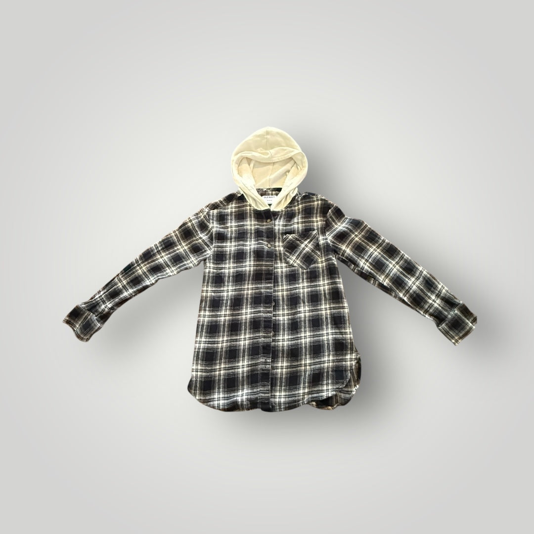 Old Navy Black Plaid Hooded Flannel Girls 14/16