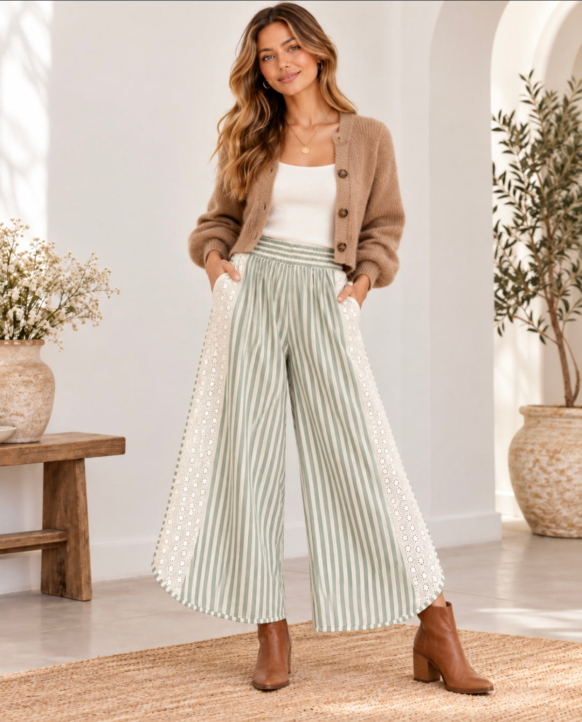 BiBi Striped Eyelet Wide Leg Pants