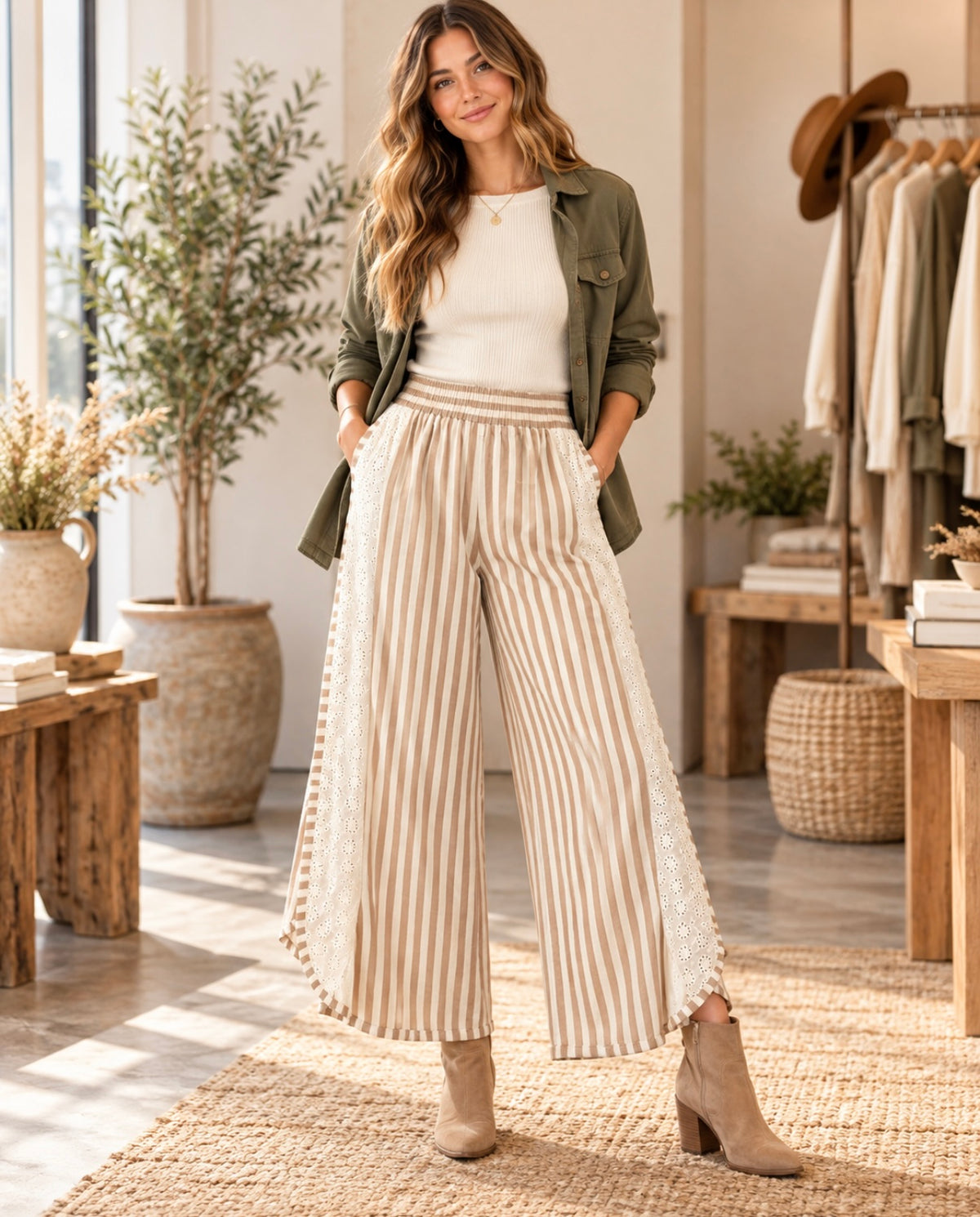 BiBi Striped Eyelet Wide Leg Pants