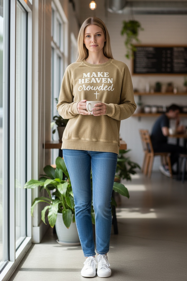 Make Heaven Crowded Sweatshirt Olive Green Faith Pullover by Swanky Revel
