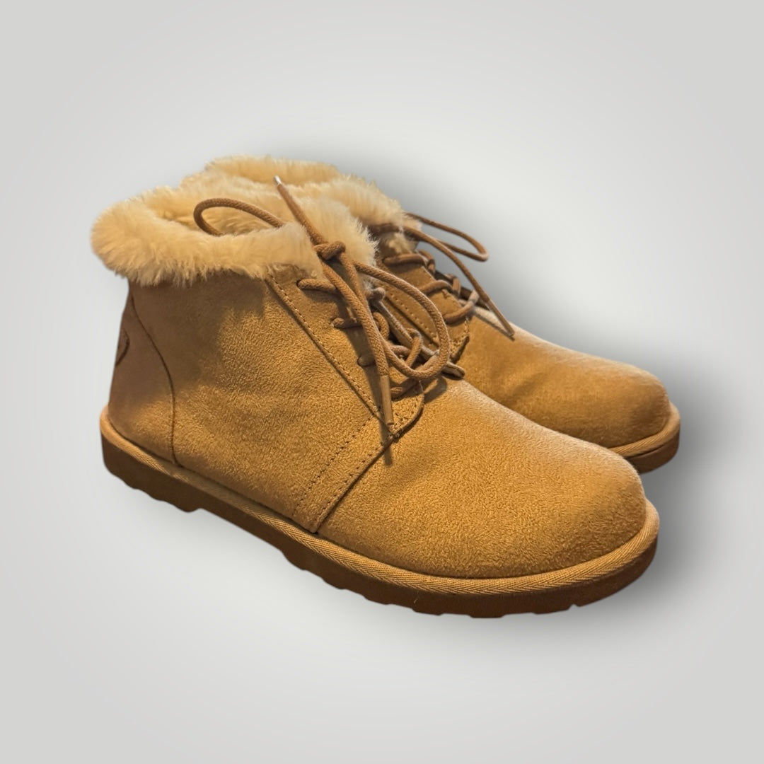 Makalli Tan Faux Suede Fur Lined Lace Up Boots Size 6.5