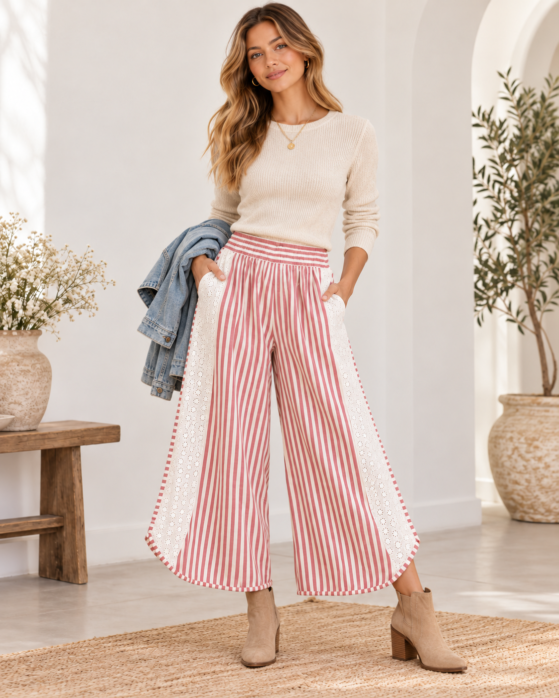 BiBi Striped Eyelet Wide Leg Pants