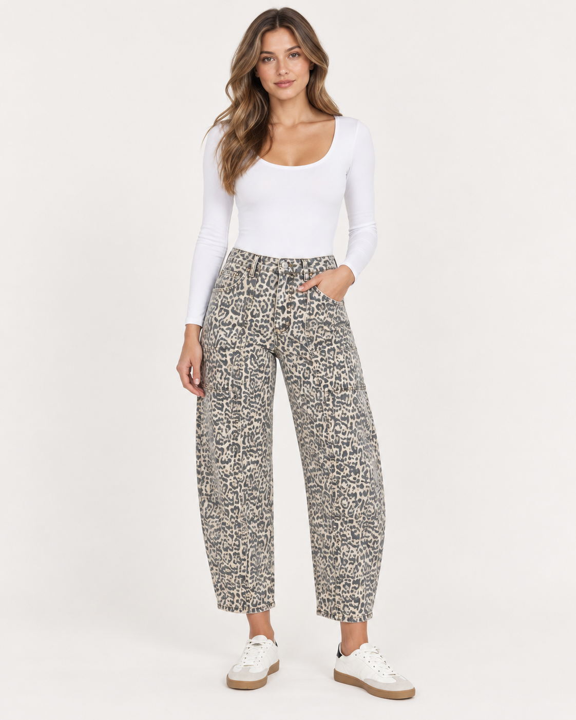 Lovervet High Rise Leopard Print Utility Barrel Jeans