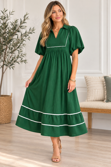 Contrast Trim Puff Sleeve Midi Dress