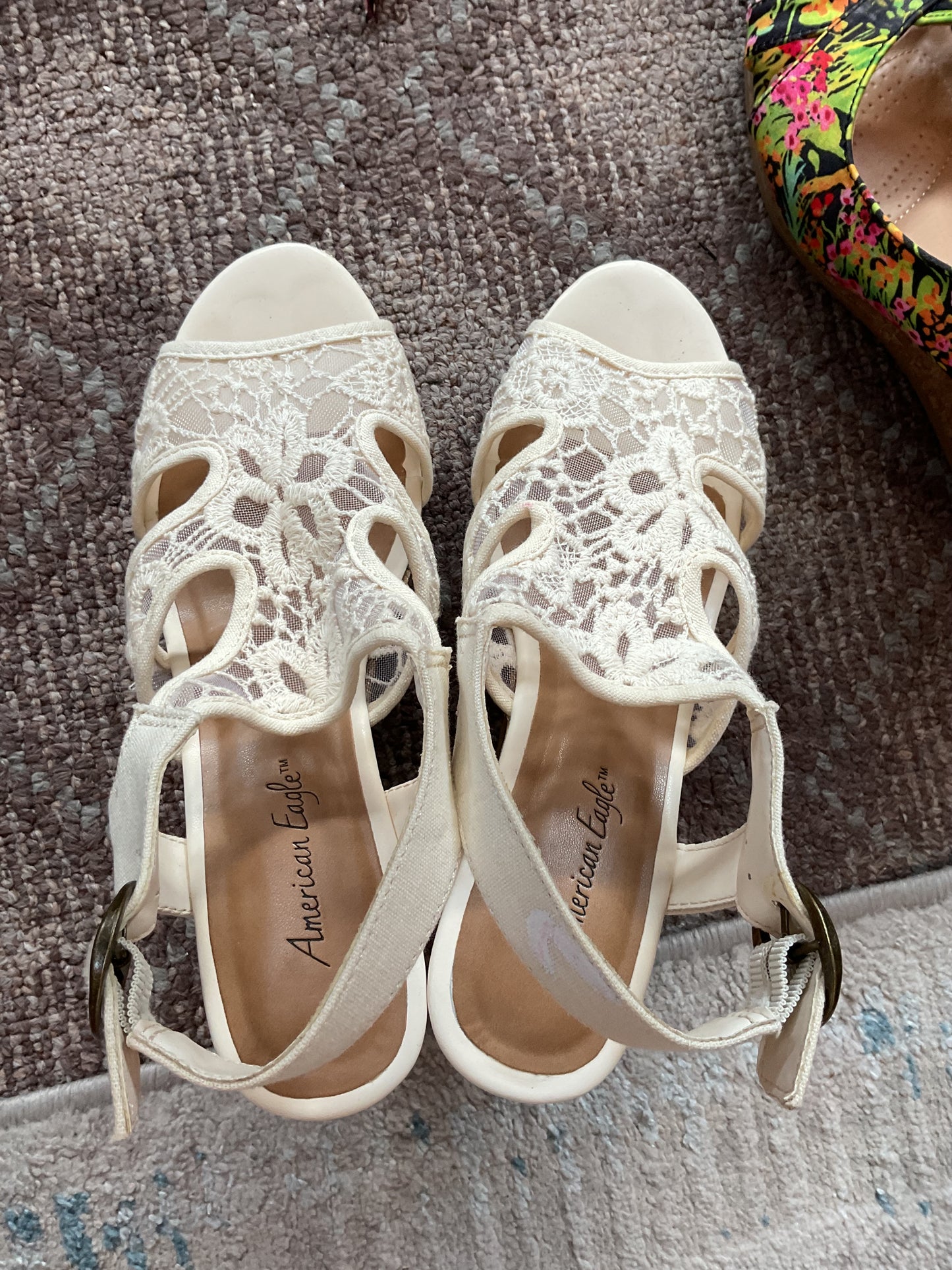 Cream American Eagle Slingback Wedge Sandals, 6
