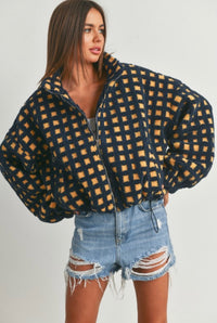 Buttermelon Navy & Gold Checkered Sherpa Jacket