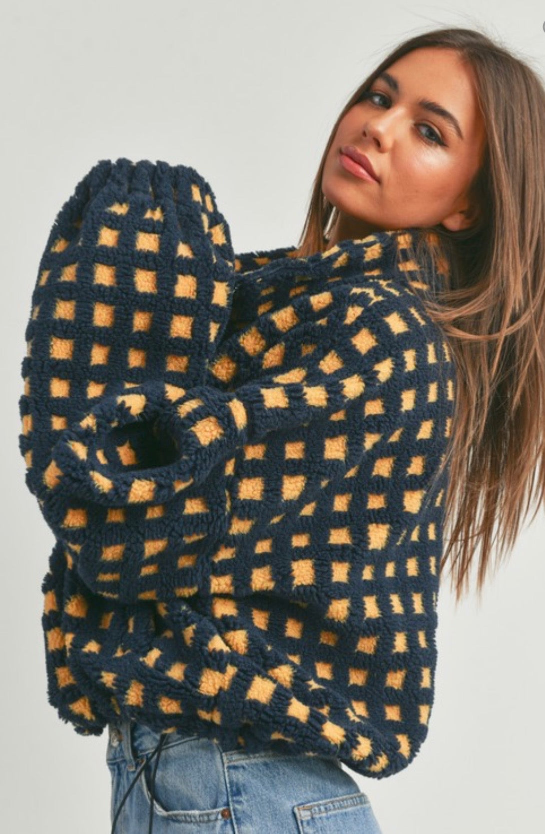 Buttermelon Navy & Gold Checkered Sherpa Jacket