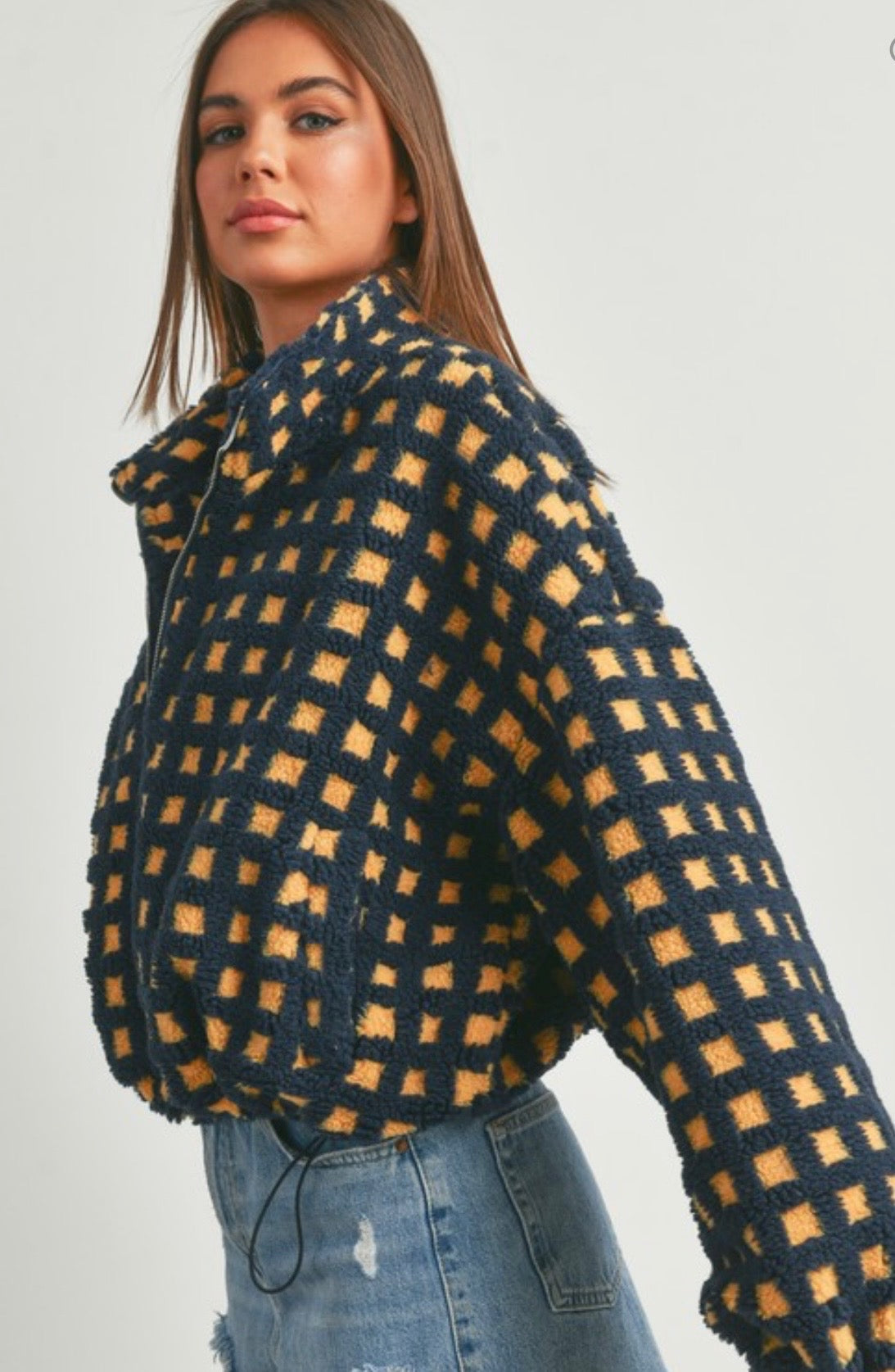 Buttermelon Navy & Gold Checkered Sherpa Jacket