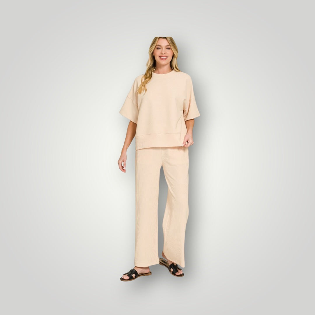 Light Beige Zenana Pants Set Outfit, Medium