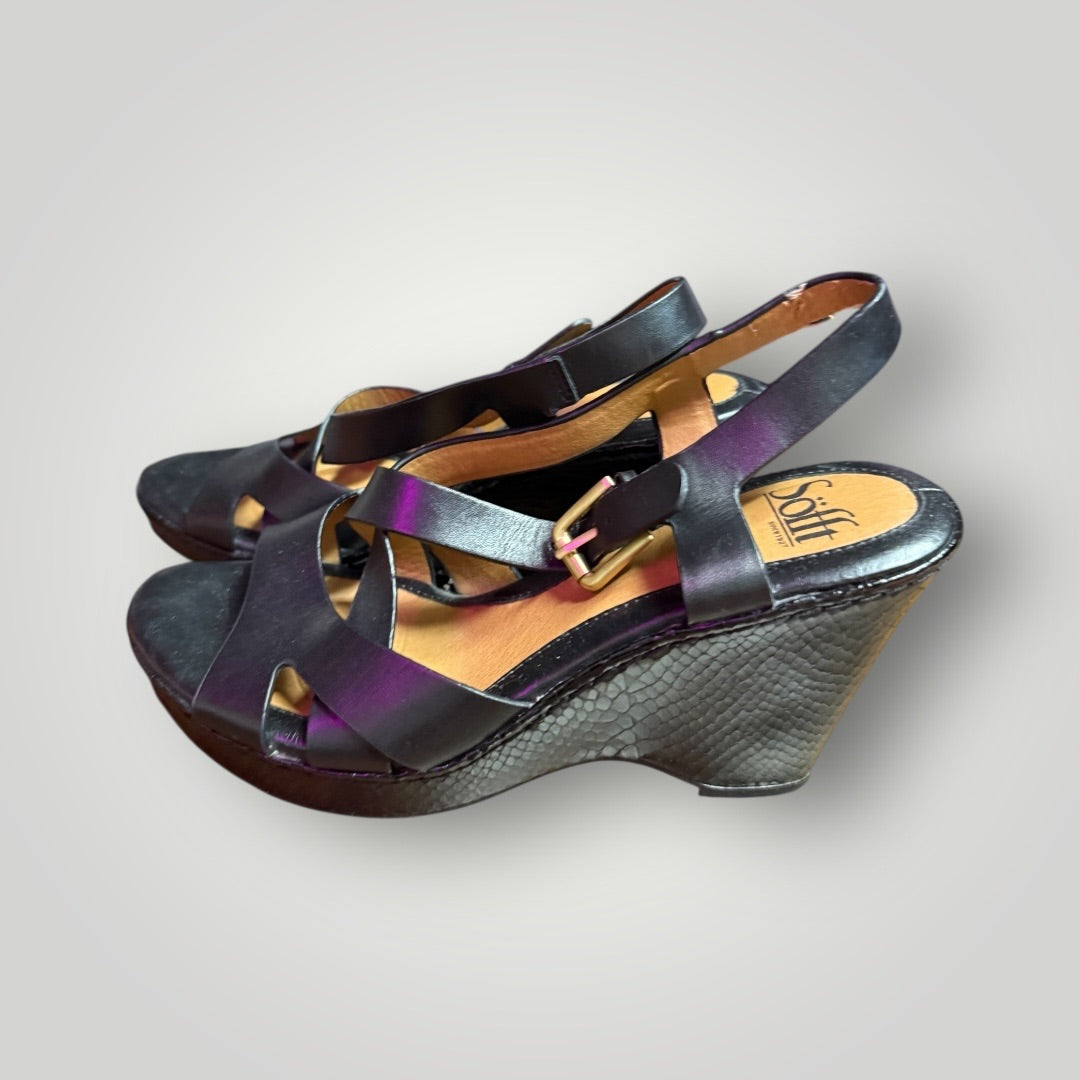 Black Soft Slingback Wedge Sandals, 8