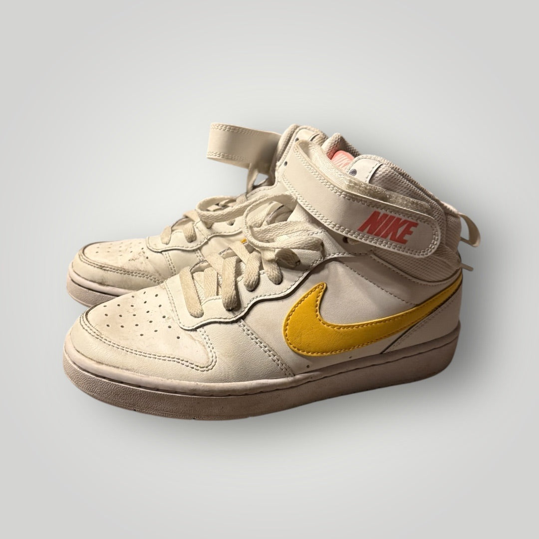 White/Pink/yellow Nike High-Top Sneakers, 5.5 Youth