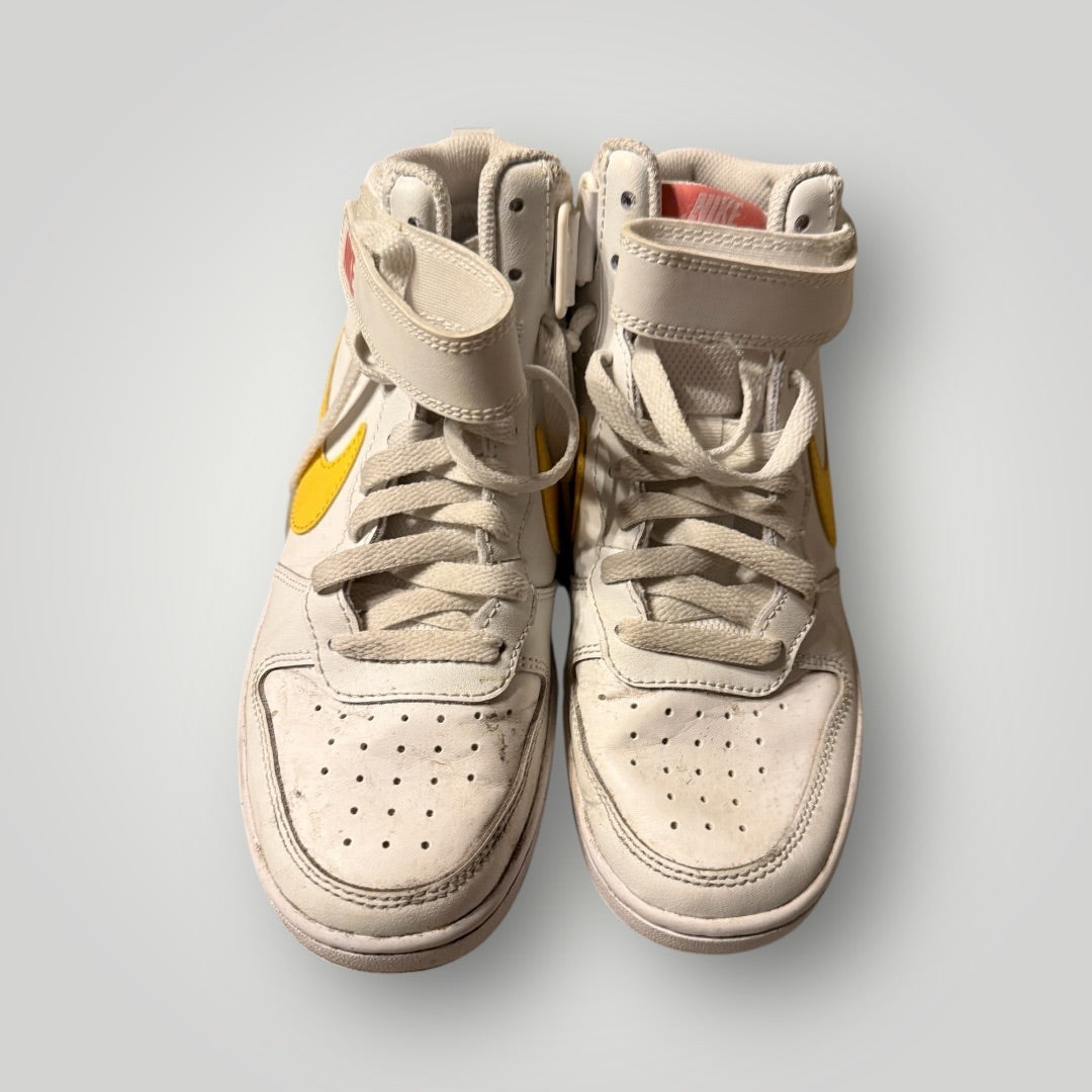White/Pink/yellow Nike High-Top Sneakers, 5.5 Youth