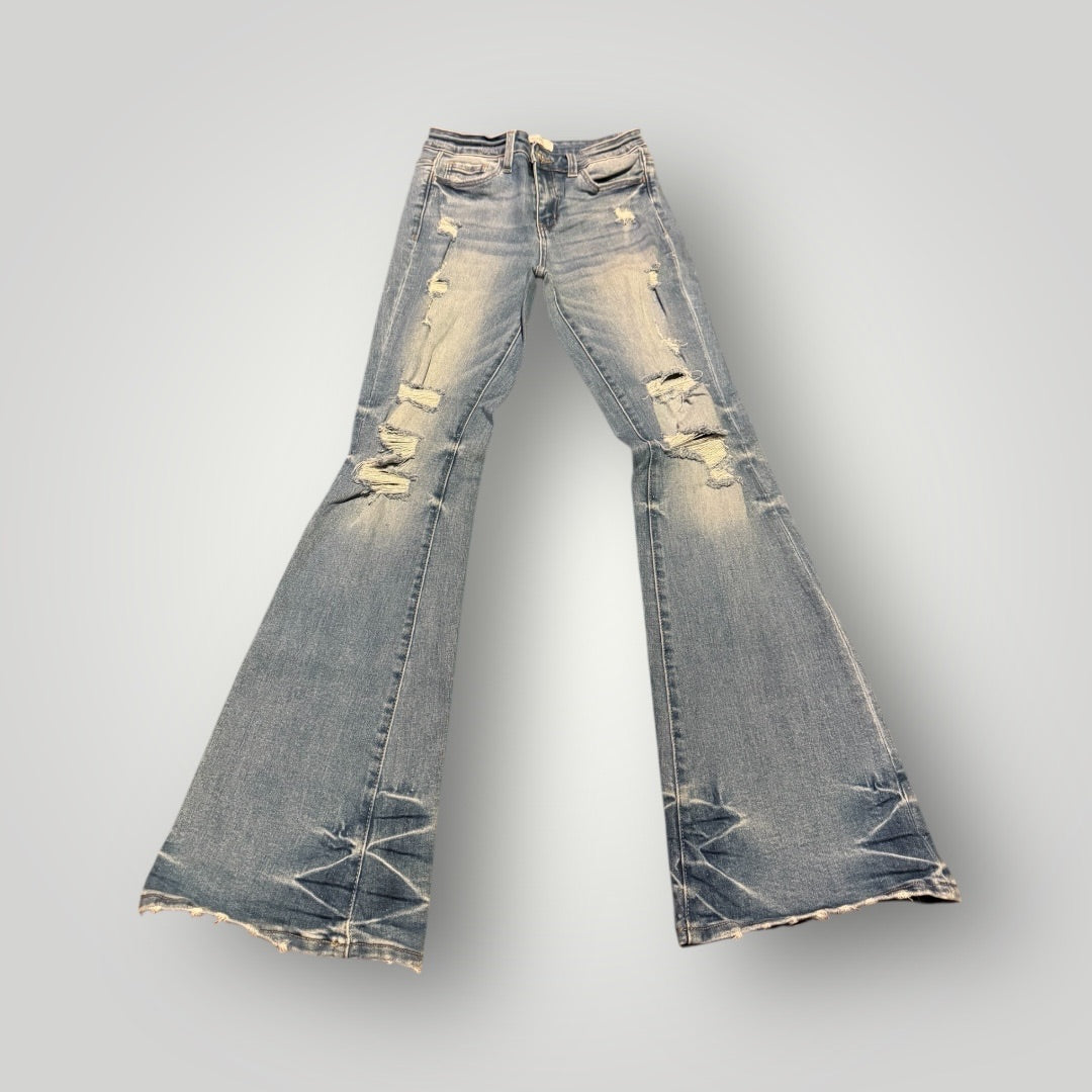 Denim Vervet Distressed Flare Jeans, 27