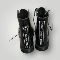 Black/White DKNY Logo Lace-Up Combat Boots, 7
