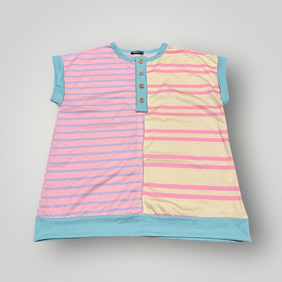 Mixed pastel stripes Hemish Colorblock Stripe Button Tee, Medium