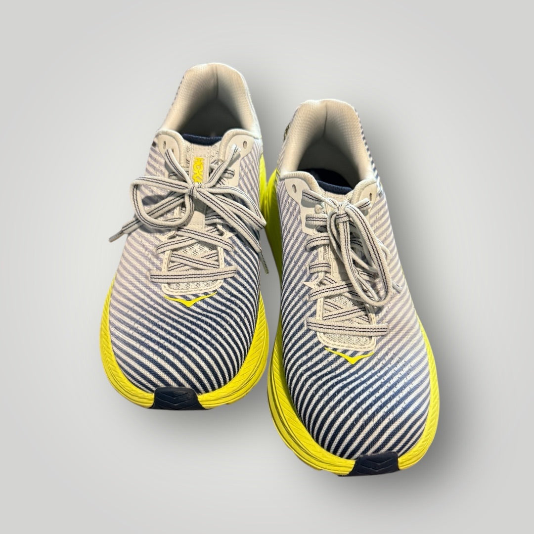 Gray / White Stripe with Neon Yellow HOKA Running Shoes, 6.5